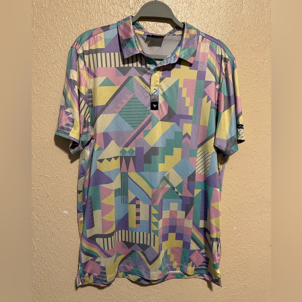 Bad Birdie‎ Mens Polo Shirt Golf Performance  Preppy Geometric Size Medium